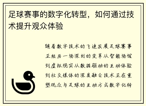 足球赛事的数字化转型，如何通过技术提升观众体验