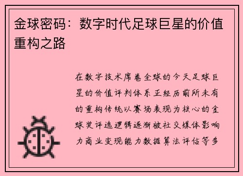金球密码：数字时代足球巨星的价值重构之路