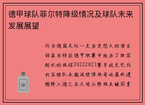 德甲球队菲尔特降级情况及球队未来发展展望